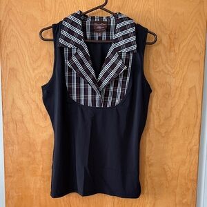 Chico's Black Sleeveless Top with Plaid Collar